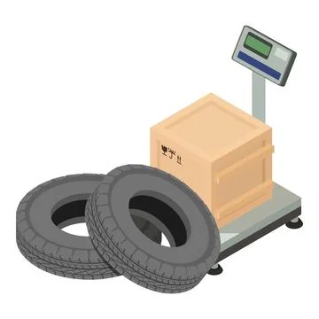 Load operation icon isometric vector. Modern electro floor scale and car tire Stock Illustration