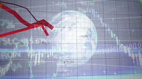 On load pale Earth globe appearing on gray grid while red 3D line falling, Stock Footage 329533805