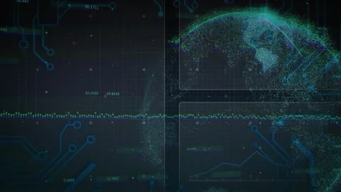 On load particle globe forming, charts drawing, code clearing, waveform holding, Video stock 329812510