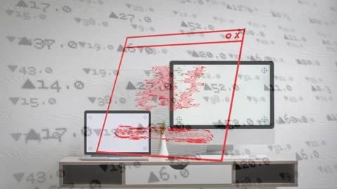 On load red browser window overlay sliding and glitching across desk laptop Stock Footage 334881825