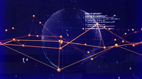 On load rotating 3D globe connecting orange nodes and scrolling code conveying Stock Footage 329110692