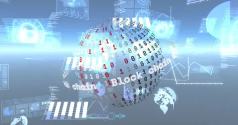 On load rotating globe revealing red bits, panels and graphs orbiting, Vídeos de archivo 317154035