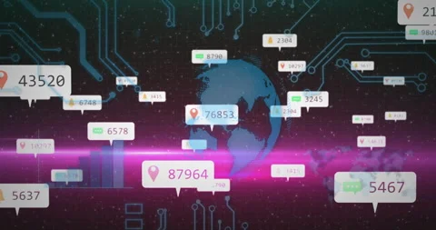 On load rotating globe showing floating data tags updating counts, rising chart Stock Footage 311455535