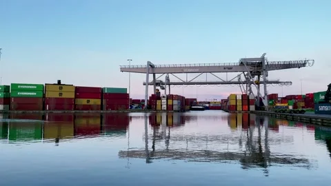 Load ship inland container terminal Alpherium harbor Stock-Footage 152489712