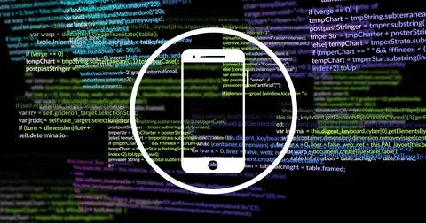 On load smartphone silhouette adding speaker slot and home button as code lines Foto stock