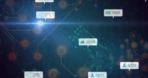 On load social media bubbles popping and drifting along circuit grid visualizing Stock Footage 313639789