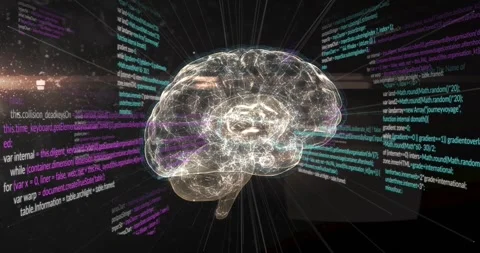 On load starting 3D mesh brain rotating clockwise pulsing nodes code panels Stock Footage 328656300