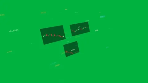 On load starting orbit 3 candle charts rotating tags sliding showing market data Stock Footage 329548934