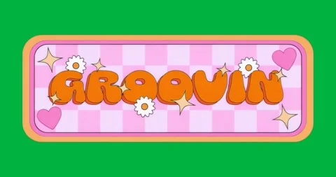 On load sticker GROOVIN centering on transparent layer with daisies sparkles Stock Footage 317362579