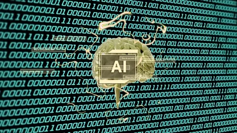 On load, stylized brain with AI module rotating, wires extending, visualizing Stock Footage 334351915