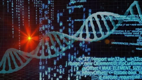 On load stylized turquoise DNA helix drifting right while code streams cascading Stock Footage 311084808
