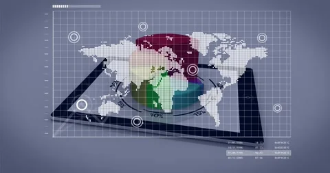 On load tablet displaying holo analytics, map fading, pie rising, line drawing Stock Footage 328655694