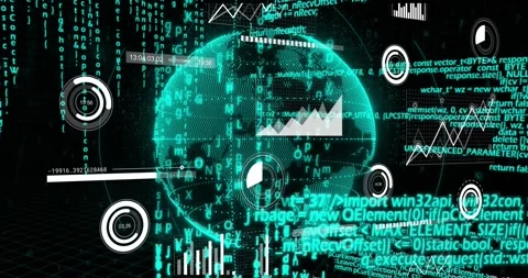 On load teal 3D globe rotating code streams cascading timers filling charts Stock Footage 329122591