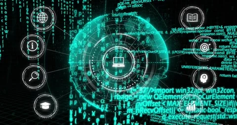 On load teal globe assembling, rings rotating, laptop icon pulsing, code Video stock 334184561