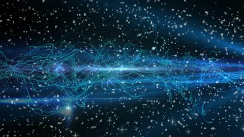 On load teal waveform oscillating, branching, flaring, merging dots, dispersing, Stock Footage 319360615