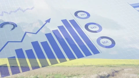 On load translucent infographic over field animating bars, line, gauges, pie Video stock 332614170