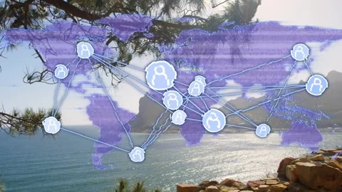 On load translucent map overlay expanding over sea, nodes pulsing, linking, Vídeo Stock 334743645