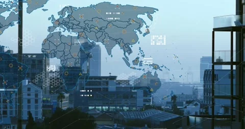 On load translucent map overlay fading in, borders building, icons pulsing to Stock Footage 322119690