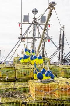 Load of traps and floats aboard lobster boat Intimidator Stock Photos