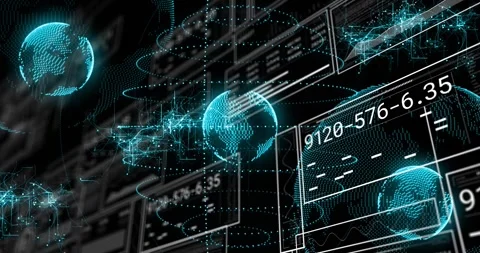 On load turquoise dotted globes rotating forming rings while UI panels sliding Stock Footage 328365513