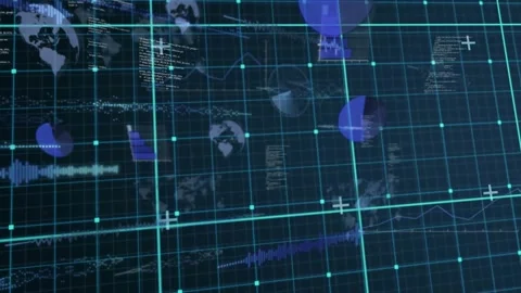 On load turquoise grid animating globes appearing waveforms rising code Stock Footage 321070868