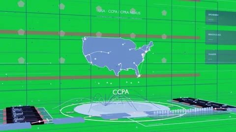 On load US map labeled CCPA animating nodes arcs linking hub showing data on Stock Footage 337549946