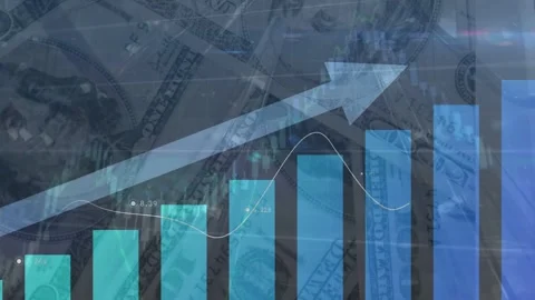 On load vertical bars animating, arrow sliding, trend line tracing markers to Stock Footage 335235430