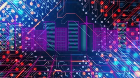 On load white circuit lines tracing hex around magenta city blue-orange traces Stock Footage 313494674