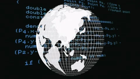 On load white globe rotating eastward, showing continents with blue code Stock Footage 329471240