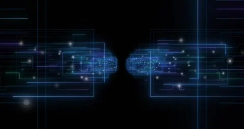 On load White JavaScript code appearing, fading and looping over neon circuits Stock Footage 316623610
