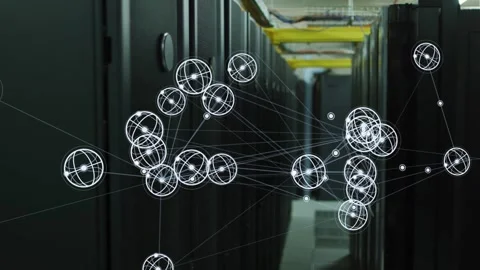 On load wireframe network appearing over racks nodes clustering linking pulsing Stock Footage 332867137