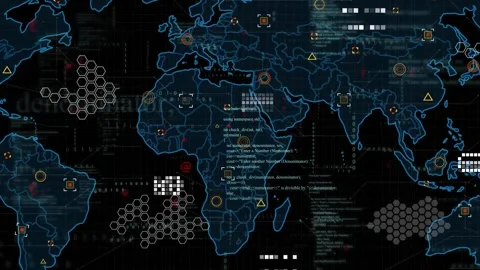 On load, world map outline expanding, hex grid shifting, data points fading for Stock Footage 318260756