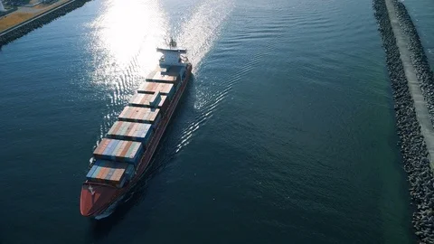 Loaded Container Ship Leaving Port, Aerial View Stock-Footage 91127559
