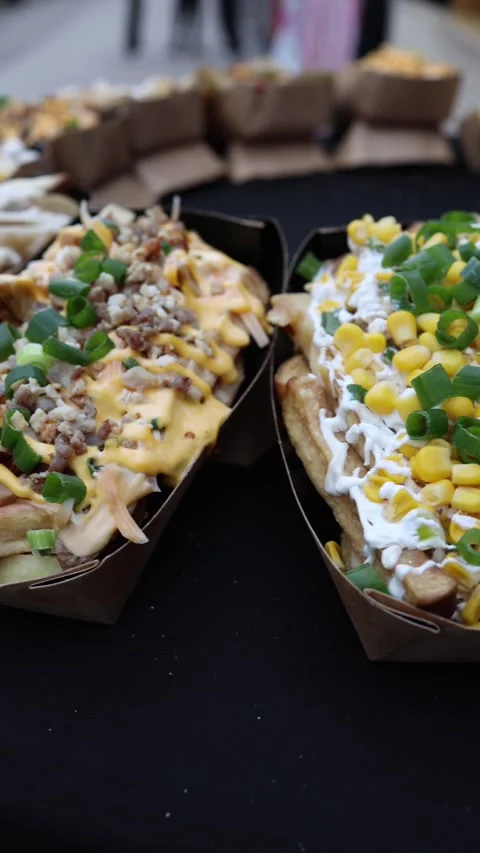 Loaded fries in takeaway boxes Stock-Footage 336526532