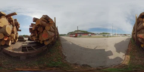 Loaded train carriage with logs ready for transportation - 360 VR Video stock 111340953
