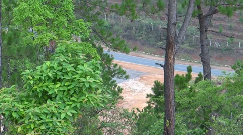 Loaded vehicles passing on a distanced highway in a hilly forest Stock Footage 38029871