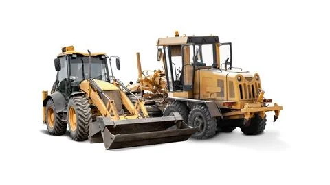 Loader and grader on an isolated background. Construction equipment rental an Stock Photos