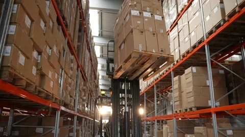 Loader carrying pallet of boxes in warehouse Stock Footage 161946615