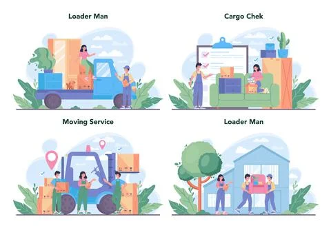 Loader concept set. Worker in uniform carrying boxes set. 스톡 일러스트