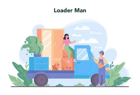 Loader concept. Worker in uniform carrying boxes set. 스톡 일러스트