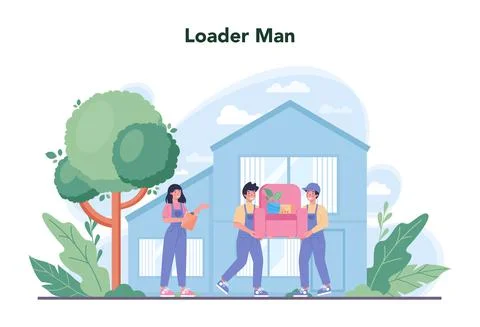 Loader concept. Worker in uniform carrying boxes set. Illustrazione stock