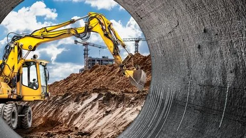 Loader excavates soil for pipe installation during construction on a sunny .. Photos