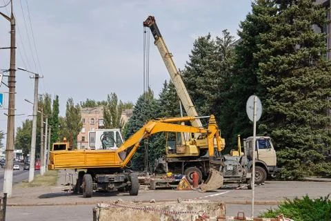 Loader excavator and mobile crane 写真素材