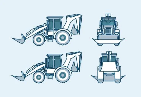 Loader front, side, back view in line style Stock Illustration