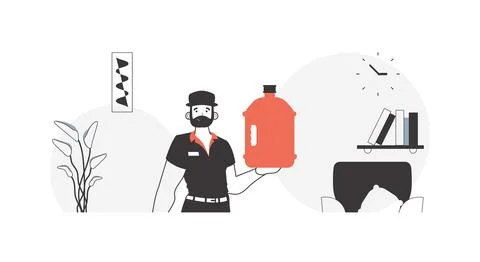 Loader with a large bottle of water in his hands. Water delivery concept. L.. Ilustración de archivo