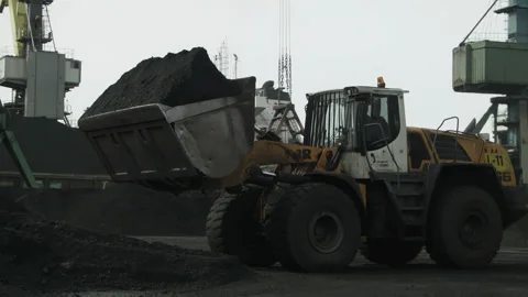 Loader with large bucket loads coal onto conveyor belt for shipment to sea Stock Footage 205237057