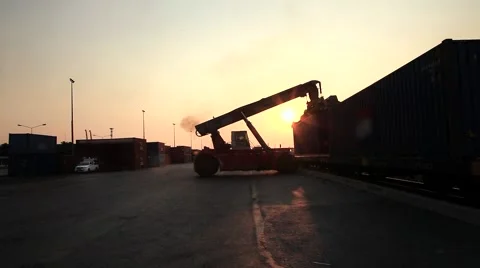 Loader Lift-Truck Sunset Container Cargo Industrial Zone Stock Footage 47474178