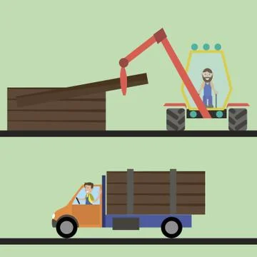 Loader loads the trees on a car Stock Illustration