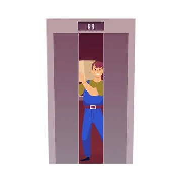 Loader man with a box uses an elevator to deliver the cargo vector flat Ilustración de archivo