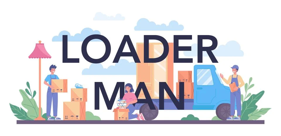 Loader man typographic header. Worker in uniform carrying boxes set. Stock Illustration